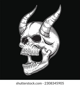 Dark Art menschlicher Schädel Dämon Horn Vintage Tattoo Knochen in Handzeichnung Stil