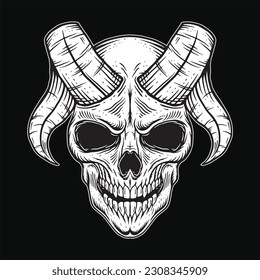 Dark Art menschlicher Schädel Dämon Horn Vintage Tattoo Knochen in Handzeichnung Stil