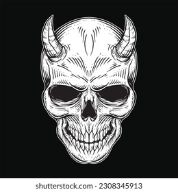 Calavera humana de arte oscuro Demon Horn Vintage Tattoo huesos en estilo de dibujo a mano