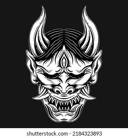 Dark Art Japanese Demon Oni Mask Tattoo Hand Drawn Hatching Style