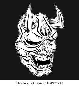 Dark Art Japanese Devil Oni Mask Tattoo Hand Drawn Engraving Style