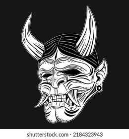 Dark Art Japanese Devil Oni Mask Tattoo Hand Drawn Engraving Style