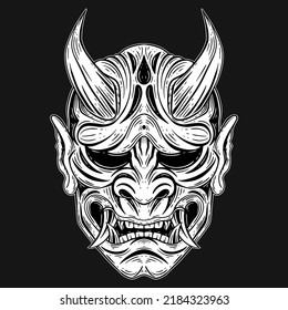 Dark Art Japanese Devil Oni Mask Tattoo Hand Drawn Engraving Style