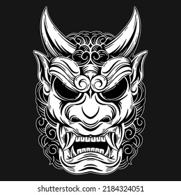 Dark Art Japanese Devil Oni Mask Tattoo Hand Drawn Hatching Style