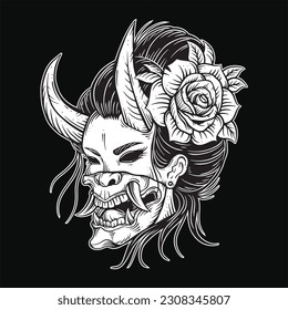 Dark Art Japanese girl rose geisha woman Skull Mask Tattoo traditional illustration