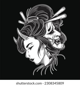 Niña japonesa de arte oscuro rosa geisha mujer Skull Mask Tatto ilustración tradicional