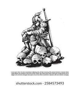 Dark art of medieval knight wearing full plate armor, sitting on a pile of human skulls. and a long sword is planted into the ground beside him.