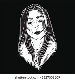 Dark Art Nun Girl Women Skull Head Ghost Horror Hatching Outline Style illustration