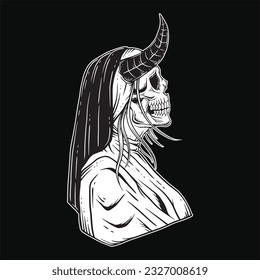 Dunkle Kunst Nun Tattoo Devil Women Skull Head Horror Hand Drak Style Illustration