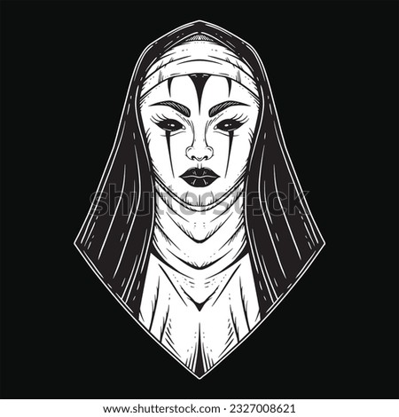 Dark Art Nun Tattoo Devil Women Skull Head Horror Hand Drawn Style illustration