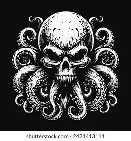 Dark Art Octopus Beast tentacles squid skull horror Tattoo Grunge Vintage Style illustration