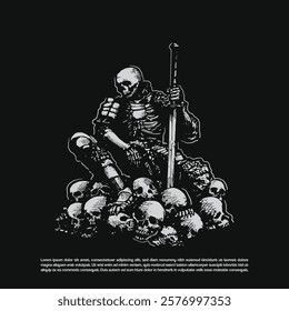 Dark art Samurai skeleton sitting on a piece of human skull with his katana sword illustration