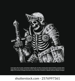 Dark art skeleton medieval army full set armor with sword and shield illustration