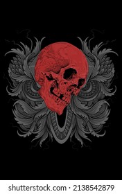 Dark art Skull Demon Head human red color with Ornament Art work Illustration Black art