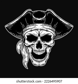 Dark Art Skull pirates captain Skeleton Vintage illustration for clothing apparel