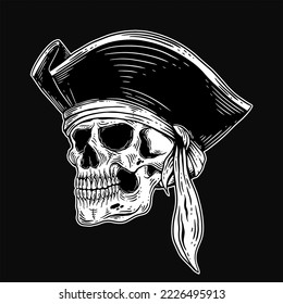 Dark Art Skull pirates captain Skeleton Vintage illustration for clothing apparel
