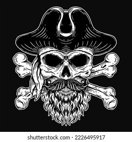 Dark Art Skull pirates captain Skeleton Vintage illustration for clothing apparel