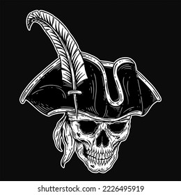 Dark Art Skull pirates captain Skeleton Vintage illustration for clothing apparel