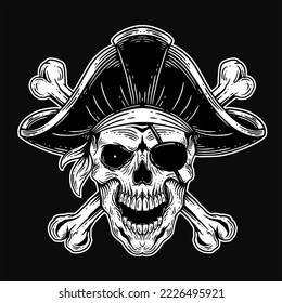 Dark Art Skull pirates captain Skeleton Vintage illustration for clothing apparel