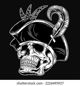 Dark Art Skull pirates captain Skeleton Vintage illustration for clothing apparel