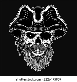 Dark Art Skull pirates captain Skeleton Vintage illustration for clothing apparel