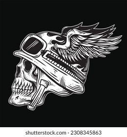 Dark art Skull Rider bikers retro Vintage Tattoo Helmet Motorcycle Hand drawn Style illustration