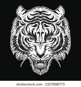 Dark Art Tiger Head Scary Angry Beast mascot black and white Hand Drawn illustration