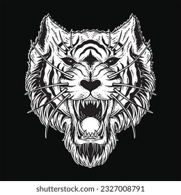 Dark Art Tiger Head Scary Angry Beast mascot black and white Hand Drawn illustration