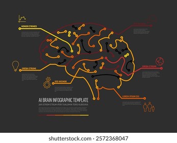 Dark Artificial Intelligence brain infographic template illustrates complex neural networks with data points. The brain design is enhanced with labels, showcasing the AI concept twice for emphasis.