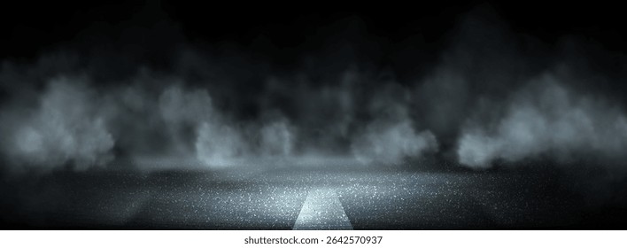 Estrada de asfalto escuro com pista branca que marca em nuvens de fumaça grossas. Corrida atmosfera de cena com dramáticos efeitos de neblina no fundo preto. Superfície de rua temperada para competição de velocidade ou auto apresentação.