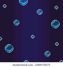 Dark Atmosphere Blue Gradient Background with Flowing Bubbles, Pixel Art Style
