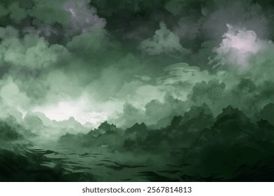 Dark atmospheric clouds, moody landscape, green tones, digital painting, serene water reflection, nature scene.