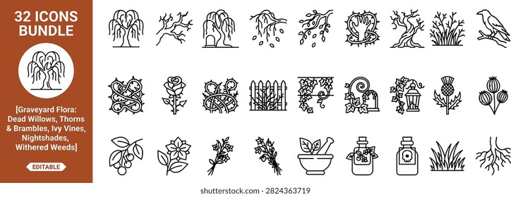 A dark and atmospheric collection of 32 graveyard flora line art icons, featuring dead willows, thorns and brambles, ivy vines, nightshades, and withered weeds. This comprehensive bundle includes spooky plants, twisted branches, thorny roses, poison bottles, and eerie botanical elements. Ideal for use in gothic horror book covers, Halloween event graphics, mystery game design, dark fantasy art, thriller branding materials, and spooky website elements. Fully editable and scalable vector assets designed to bring a mysterious and haunting aesthetic to your creative projects.A dark and atmospheric collection of 32 graveyard flora line art icons, featuring dead willows, thorns and brambles, ivy vines, nightshades, and withered weeds. This comprehensive bundle includes spooky plants, twisted branches, thorny roses, poison bottles, and eerie botanical elements. Ideal for use in gothic horror book covers, Halloween event graphics, mystery game design, dark fantasy art, thriller branding materials, and spooky website elements. Fully editable and scalable vector assets designed to bring a mysterious and haunting aesthetic to your creative projects.