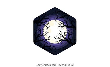 Um hexágono escuro e atmosférico com uma lua cheia brilhante cercada por galhos de árvores nuas silhuetadas e retorcidas contra um céu noturno estrelado.
