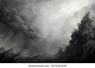 Dark atmospheric landscape, dramatic clouds, misty mountains, moody scenery, artistic interpretation, fantasy environment.