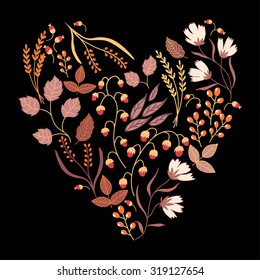 Dark Autumn floral card. Fall autumn leaves in the shape of heart. Nature symbol vector collection.