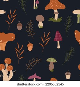 Dark autumn pattern with mushrooms. Vector warm and cozy hygge collection of autumn patterns and illustrations in cartoon style.