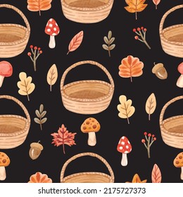 Dark autumn watercolor pattern with leaves and straw basket. Vector illustration