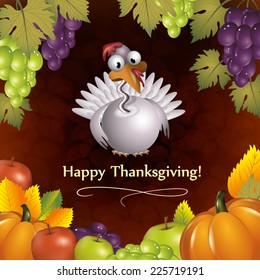Dark autumnal background with pumpkin, fruit, grapes and white turkey for Thanksgiving.