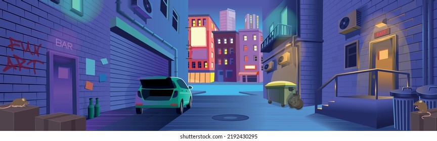 Dark back street alley with a door to a bar, a trash can, a car with an open trunk at night in cartoon style. Background for games and mobile applications. 