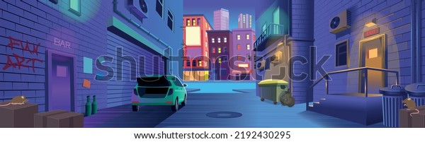 Dark back street alley with a door
to a bar, a trash can, a car with an open trunk at night in cartoon
style. Background for games and mobile applications.
