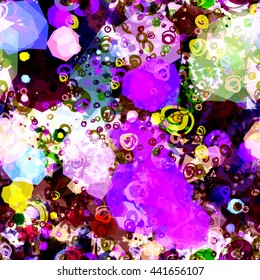 Dark backdrop. Colored stains, hand drawn circles. Abstract seamless vector background.