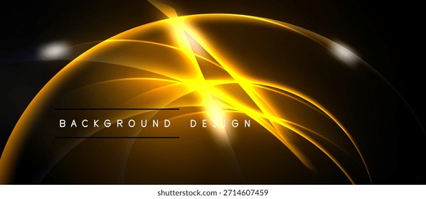 El fondo oscuro presenta líneas curvas doradas que irradian desde el punto central brillante. El texto lee el diseño de fondo. Composición visual moderna y dinámica.