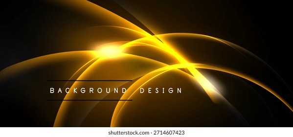 El telón de fondo oscuro presenta líneas doradas brillantes, curvas, estallido de luz central. El texto lee el diseño de fondo. Moderno, visual abstracto.