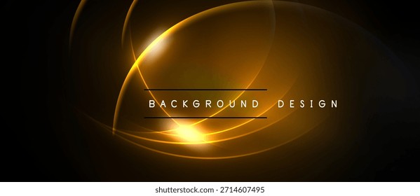 Fundo escuro apresenta linhas de redemoinho dourado. Centro brilhante cria efeito luminoso, texto lê design de fundo. Simples, visual elegante.
