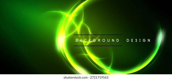 El telón de fondo oscuro presenta líneas de energía verde vibrante. Los brillos circulares crean un efecto visual dinámico. El texto lee el diseño de fondo.