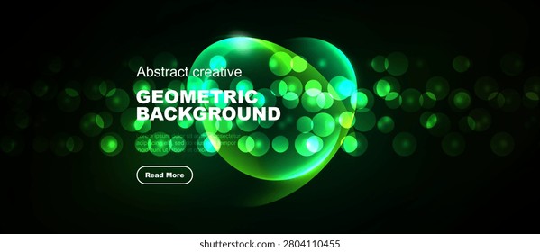 Dark backdrop features vibrant green geometric shapes, glowing orbs, text promoting creative design. Button invites further exploration.
