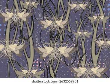 Dark backdrop with lines and butterfly wings for textiles or fabrics. Tropical motifs for fashion trends, business concepts, covers, cards, interior solutions, tiles, prints, wallpapers, posters, etc.