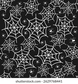 A dark backdrop showcases numerous white spider webs interspersed with tiny spiders. This design evokes a creepy, mysterious Halloween vibe perfect for decorations.