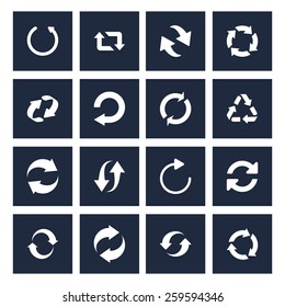 Dark background 16 icon set of refresh, reload, loader arrow. black icons on white background. Tidy, clean, simple, minimal, solid, plain style. Vector illustration web internet design element 